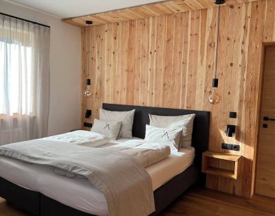 Spacious Alpine-style apartment with private garden and pool view.